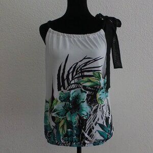 White & Green Floral cute Top, Size: Small